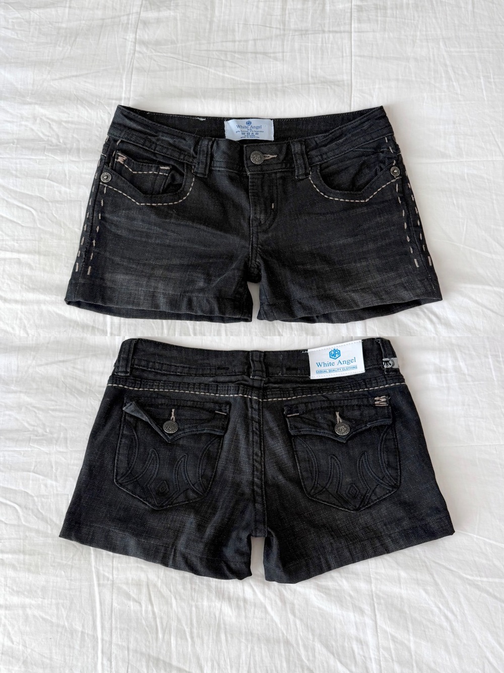 Y2K Grunge White Angel Black Denim Lowrise Shorts Contrast Stitching Size 9-10